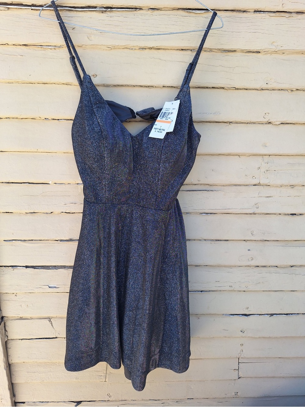 Chicas Sparkle Fit-and-Flare Sleeveless Dress in Iridescent Navy